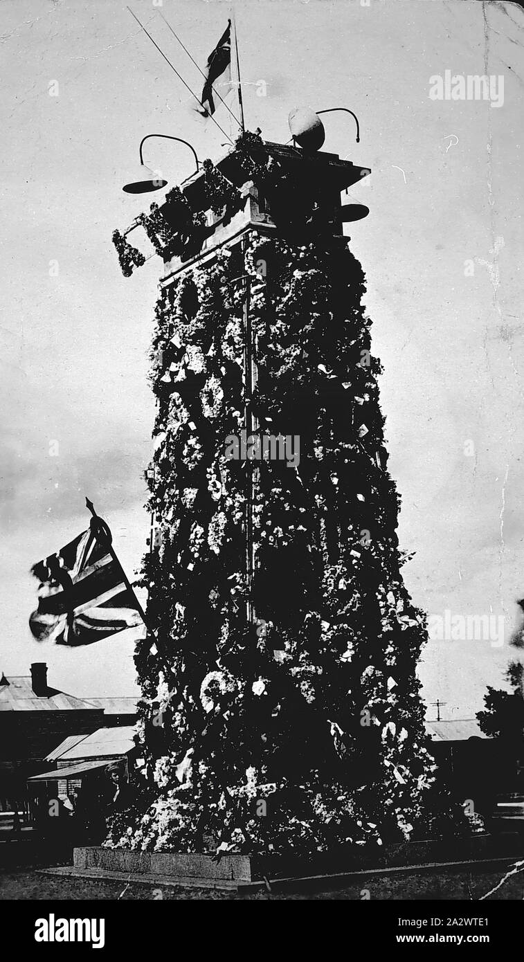 Negative - Bairnsdale, Victoria, 1930s, A cenotaph covered in wreaths Stock Photo