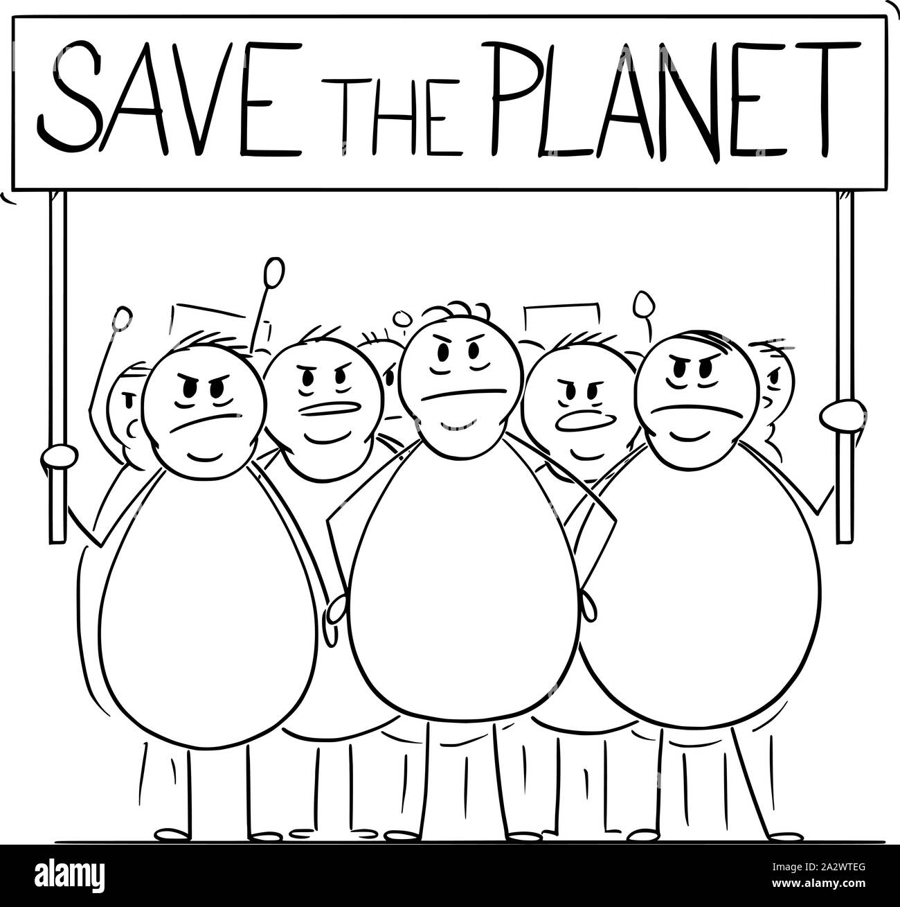 Vector cartoon stick figure drawing conceptual illustration of group of angry overweight or fat men or people on demonstration demonstrating with Save the Planet sign. Concept of consumerism and sustainability. Stock Vector