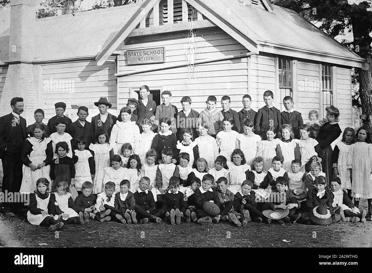 Negative - Sarsfield, Victoria, circa 1905, Teachers and pupils outside the Sarsfield State School No.1228 Stock Photo
