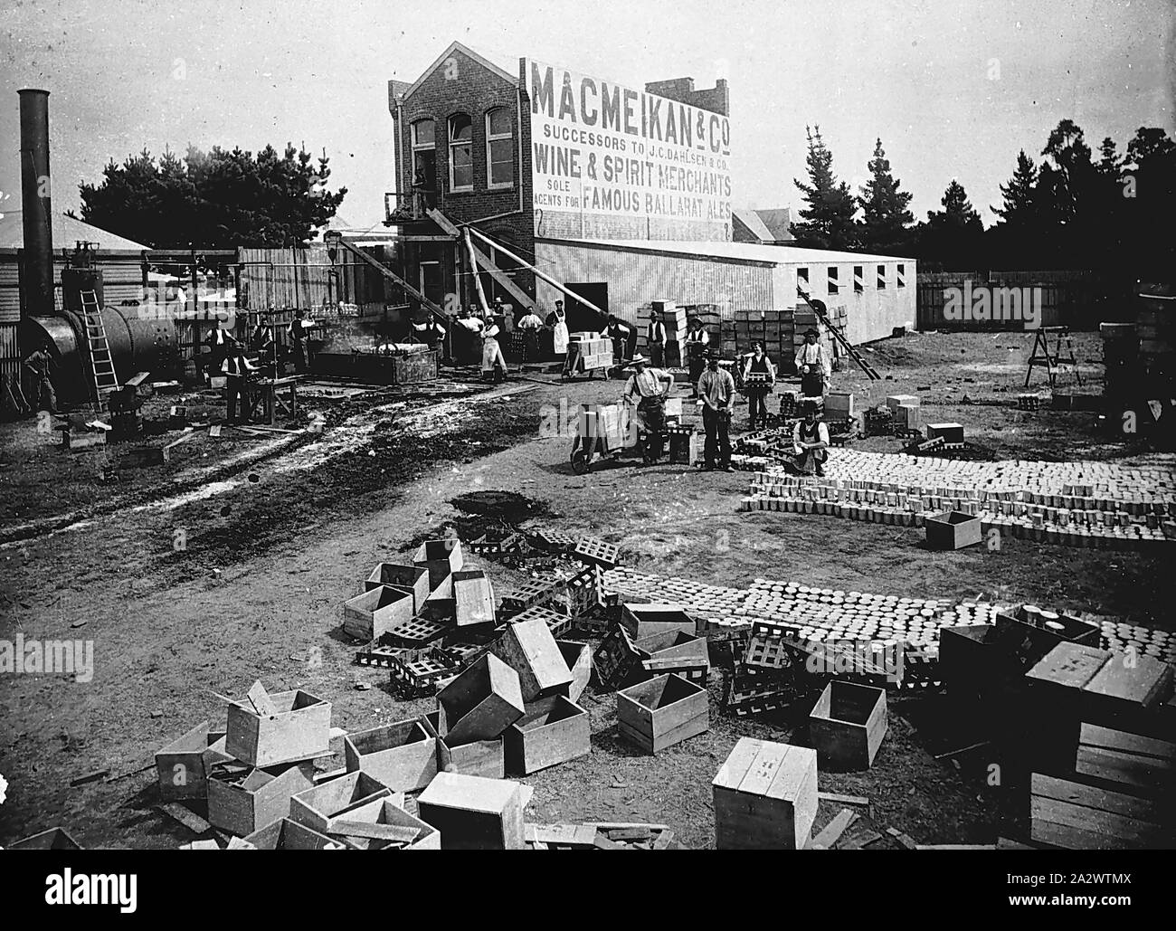 Negative Bairnsdale District Victoria Circa 1912 A Factory Yard There Are Piles Of Crates In The Foreground And Stacks Of Cans In The Middle Distance In The Background Is A Building