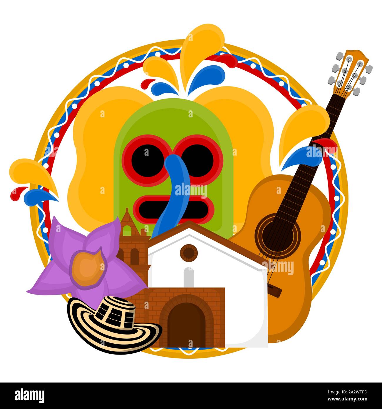 Church building with a marimonda mask, hat, flower and guitar. Representative image of colombia - Vector Stock Vector