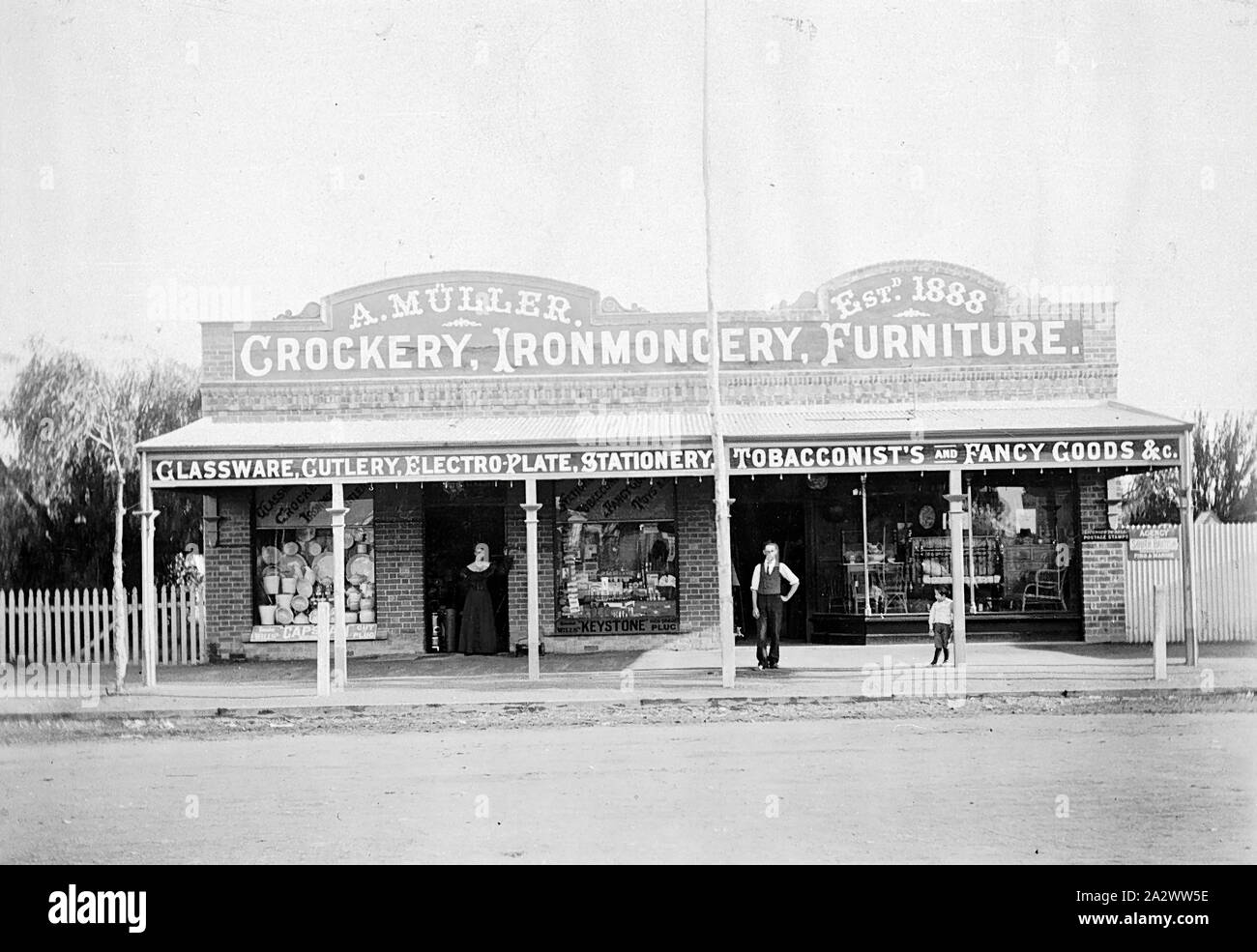 Negative - A. Muller's General Store, Mildura, Victoria, circa 1905, A. Muller's General Store, established 1888 Stock Photo