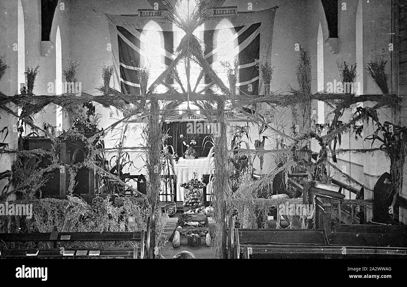 Negative - Traralgon, Victoria, 1916, The nave of St James Church of England, Traralgon, decorated for Harvest Sunday Stock Photo