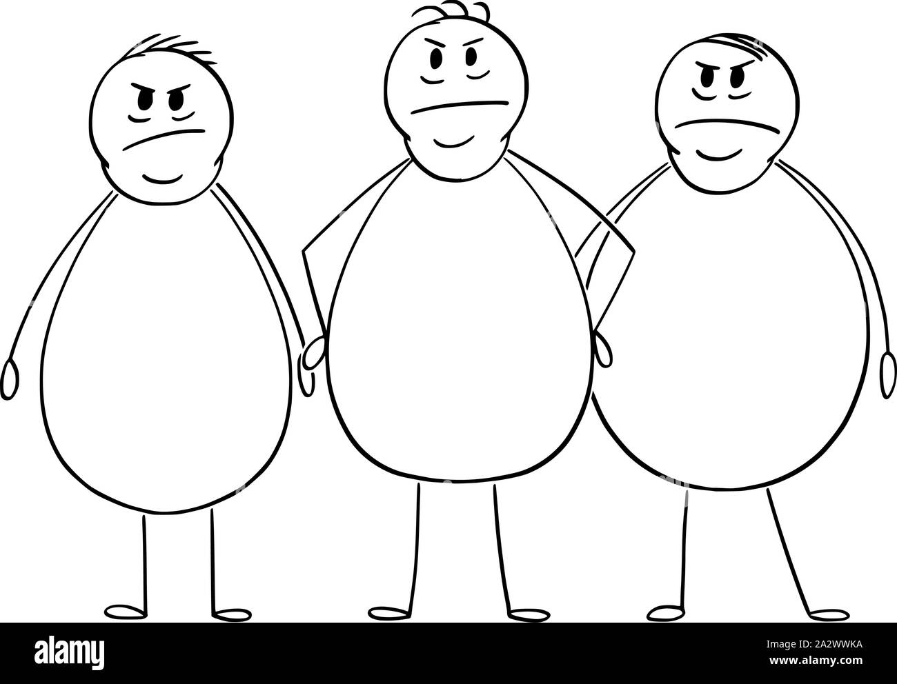 Vector cartoon stick figure drawing conceptual illustration of group of three angry overweight or fat men. Stock Vector