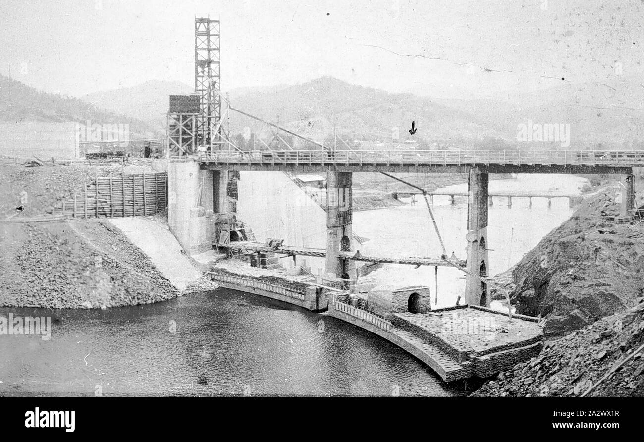 Negative Lake Hume, Victoria, circa 1920, Dam construction for the