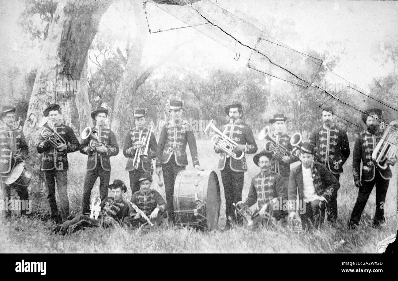 Negative - Wangaratta Brass Band, Wangaratta, Victoria, circa 1885, Members of the Wangaratta Brass Band in a bush setting Stock Photo