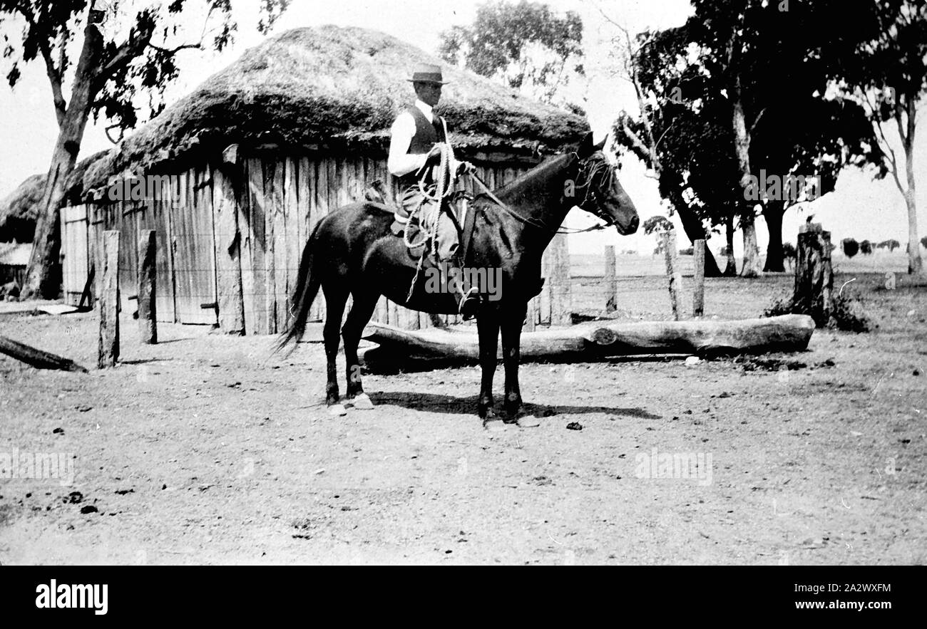 Negative - Gowangardie, Victoria, circa 1920, A man on horse back. Behind him there is a thatched building constructed from vertical logs Stock Photo