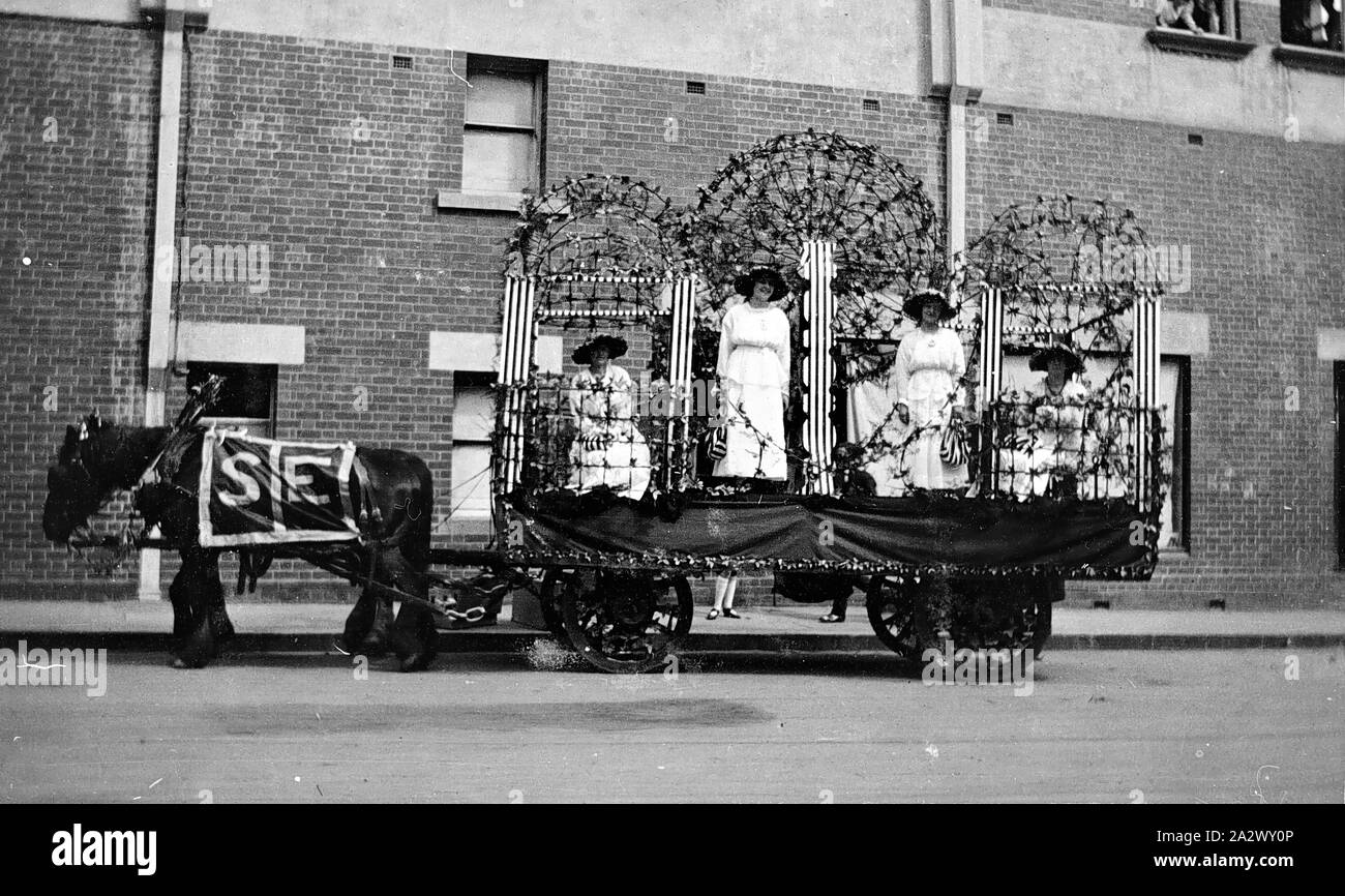Negative - Geelong, Victoria, 1916, A group of women on a horse drawn gala float Stock Photo