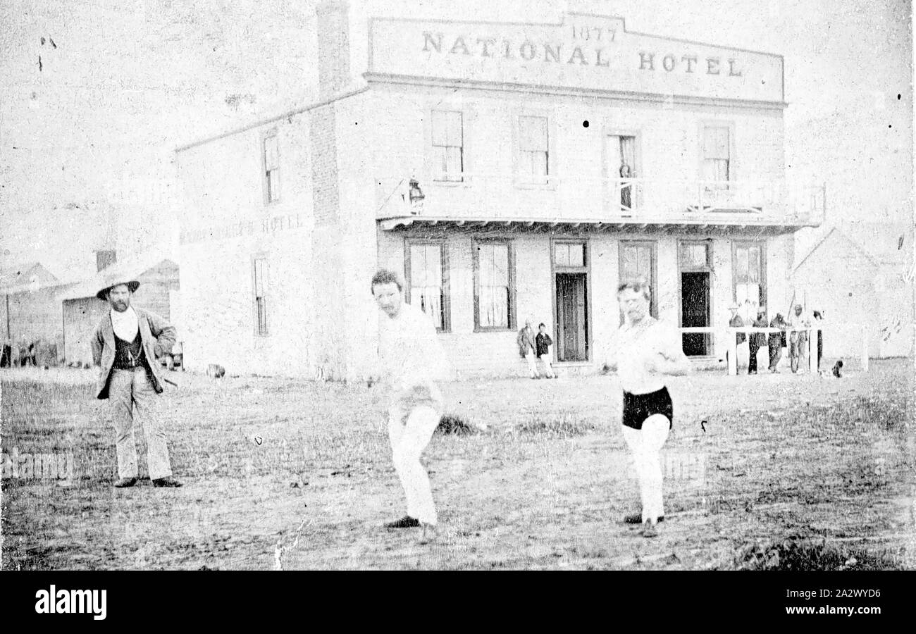 Negative - Natimuk, Victoria, circa 1880, Two men about to start a foot race outside the National Hotel, Natimuk. The hotel was established in 1877 Stock Photo