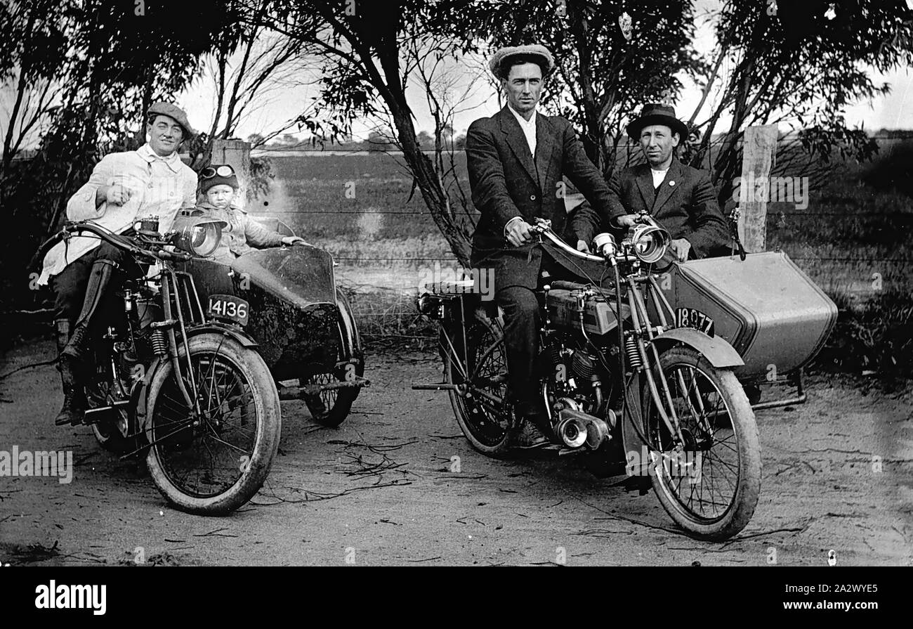 Negative - Rainbow District, Victoria, circa 1920, Three men and a young boy with motorbikes and sidecars Stock Photo