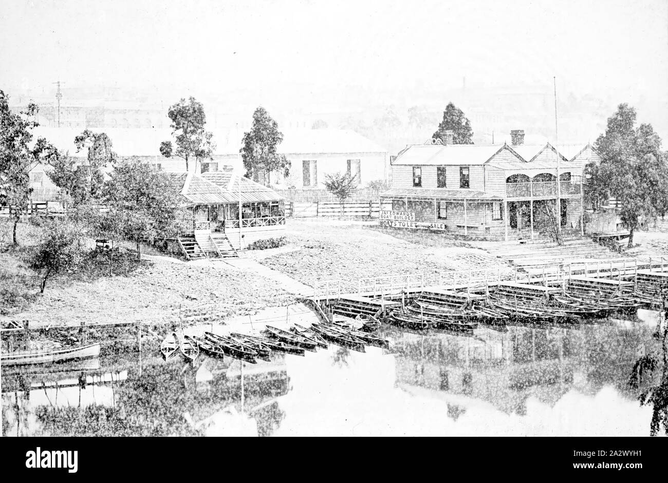 Negative - Melbourne, Victoria, circa 1885, Looking across the Yarra River to the boats and buildings of Jas Edwards boat builder Stock Photo