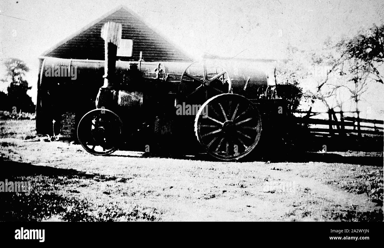 Negative - Learmonth, Victoria, pre 1930, Marshall steam traction engine and cornish boiler outside a shed at 'Rose Bank' farm Stock Photo