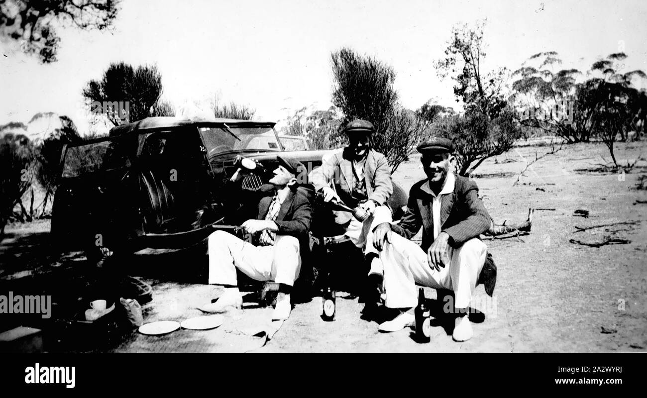Negative Swan Hill District, Victoria, circa 1930, Three men in cricket clothes seated by an