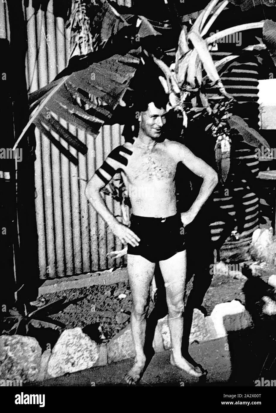 Negative - Picnic Cove, Northern Territory, Oct 1944, A man in swimming costume at the army camp of the Australian Army Searchlights 65th Battery. He is standing under a banana tree and there is a corrugated iron building behind him Stock Photo