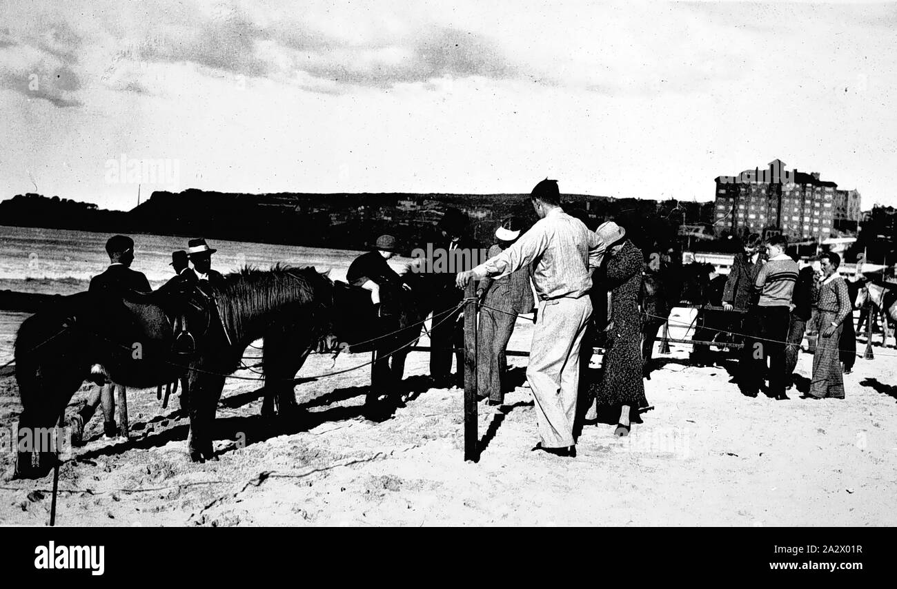 Negative - Manly Beach, New South Wales, circa 1936, Ponies for hire on the beach. There is a large building in the background Stock Photo