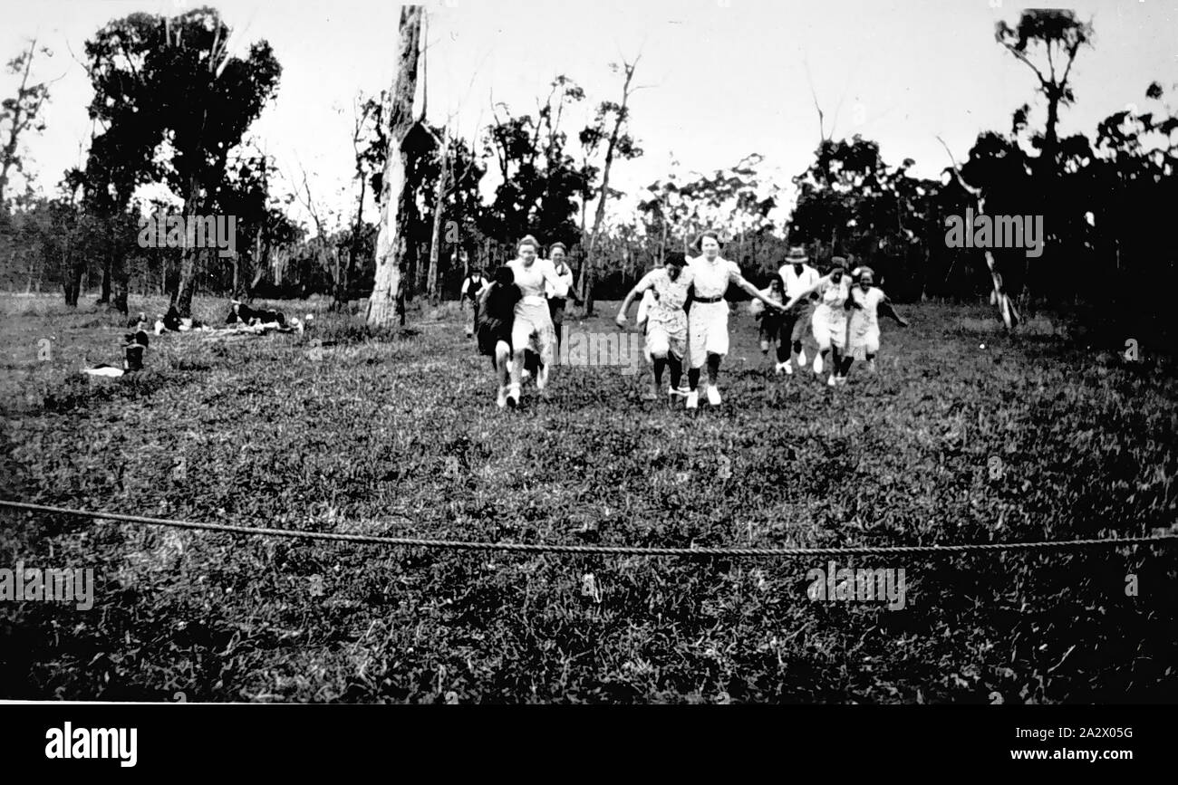 Negative - Timboon District, Victoria, 1931, A group of women competing in a three-legged race at a picnic Stock Photo