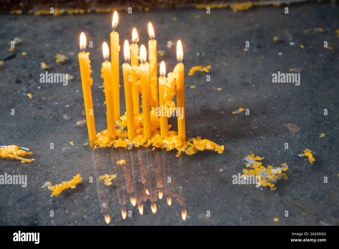 Armenia. Yerevan, Nork-Marash district. August 15, 2018. Candles burning in the Surb Astvatsatsin Church. Stock Photo