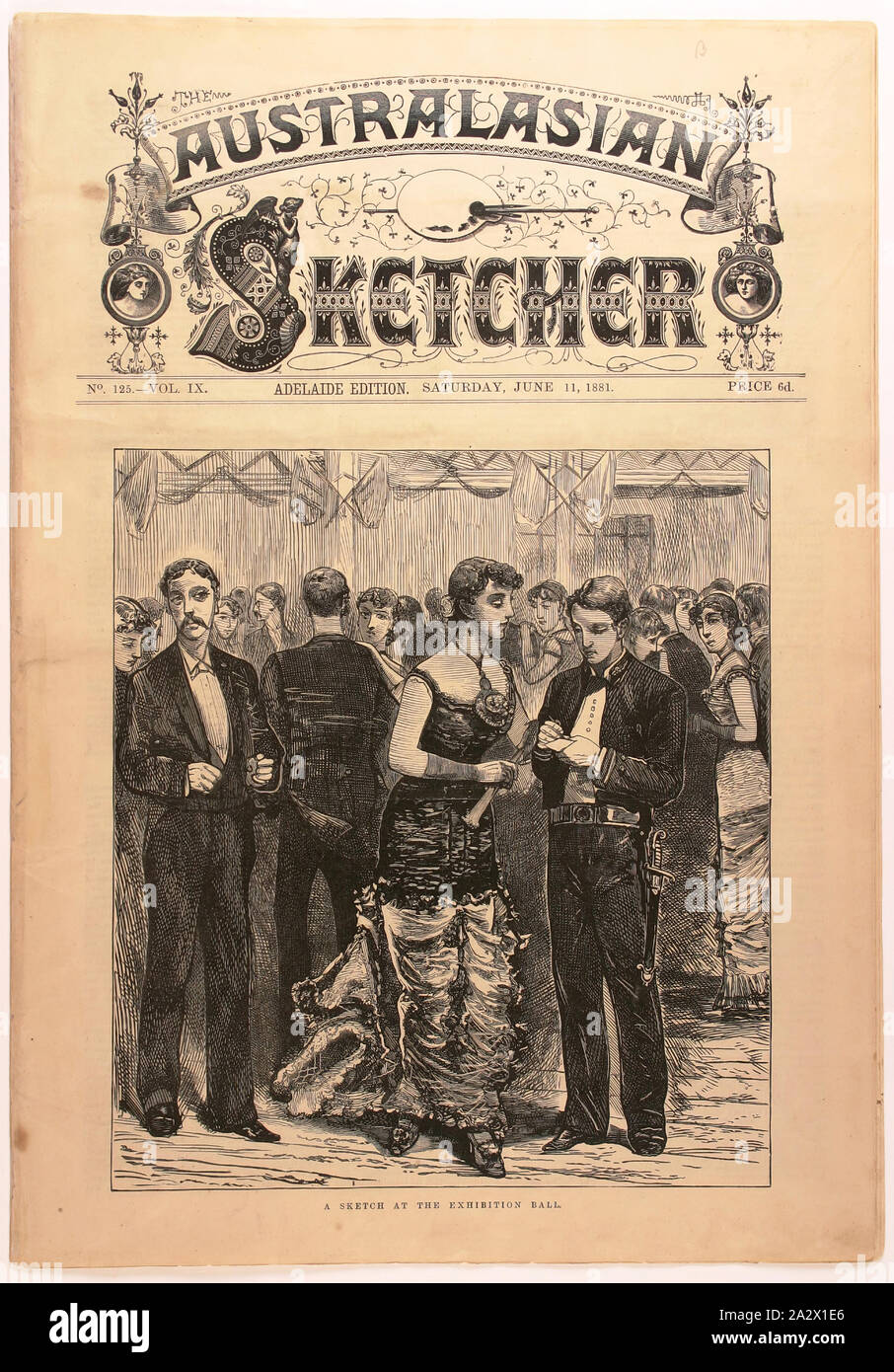 Newspaper - 'A Sketch at the Exhibition Ball', The Australasian Sketcher, Adelaide, 11 Jun 1881, Copy of The Australasian Sketcher, Adelaide edition, 11 June 1881 (pp177-92), published by G.N. & W.H. Birks, Adelaide. The front page illustration depicts the Exhibition Ball held on 1 June 1881 at the Exhibition Building to mark the close of the Melbourne International Exhibition. The newspaper contains illustrations and extensive text including articles about the Exhibition. The Ball was Stock Photo