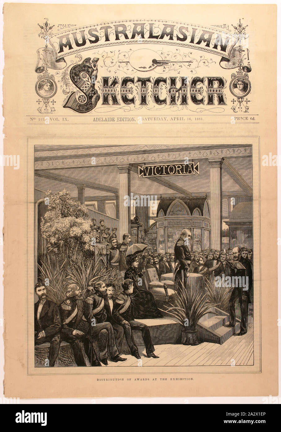 Newspaper Cutting - 'Distribution of Awards', The Australasian Sketcher, Adelaide, 16 Apr 1881, Coverage of the 'Distribution of Awards' at the Melbourne International Exhibition (MIE), printed on pages 113-114 in 'The Australian Sketcher' newspaper, published by G N & W H Birks in Adelaide, 16 April 1881. The front page illustration depicts the awards ceremony, which was held at the (Royal) Exhibition Building on 22 March 1881. The Governor of Victoria, George Augustus Constantine Phipps Stock Photo