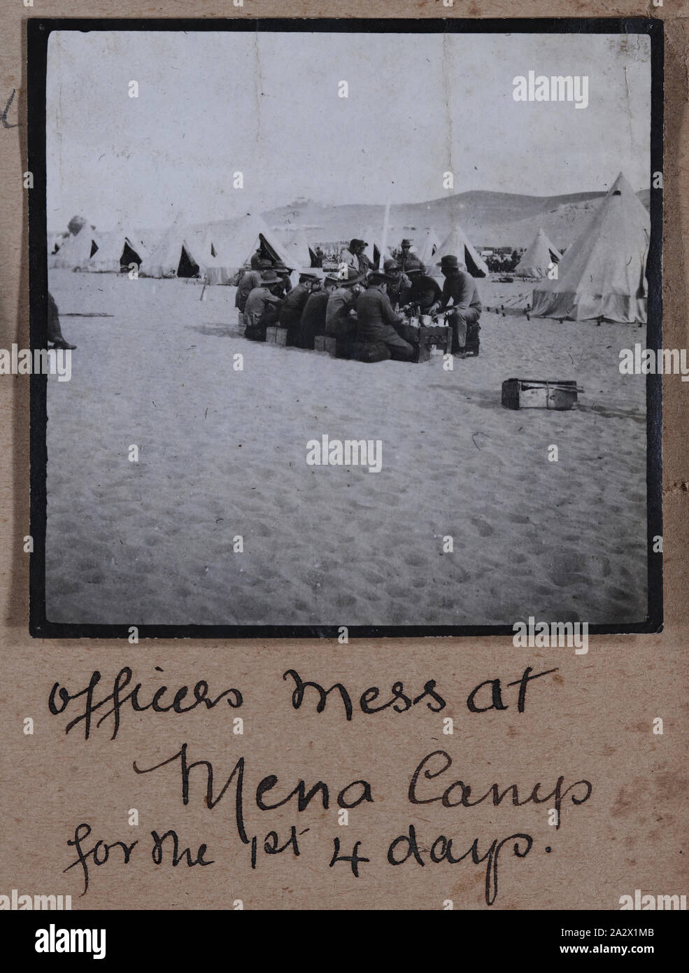Photograph - 'Officer's Mess', Mena, Captain Edward Albert McKenna, World War I, 1914-1915, One of 139 photographs in an album from World War I likely to have been taken by Captain Edward Albert McKenna. The photographs include the 7th Battalion training in Mena Camp, Egypt, and sight-seeing. Image depicting the Officer's Mess at Mena Camp. Mena Camp was one of three training camps in Egypt that were used by the A.I.F. and the N.Z.E.F Stock Photo