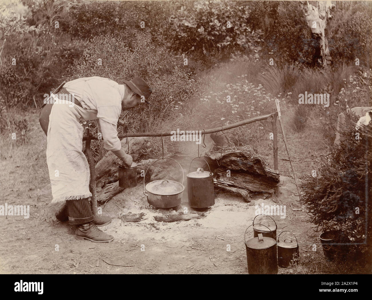Photograph - 'Our Cook', Flinders Island, Nov 1893, Image taken by Archibald James Campell during the Victorian Field Naturalsits expedition to the Furneaux Group of islands, Bass Strait, in November 1893. It is of sixty-nine photographs in a bound album. the expedition. This image shows the 'cook' at Stock Photo