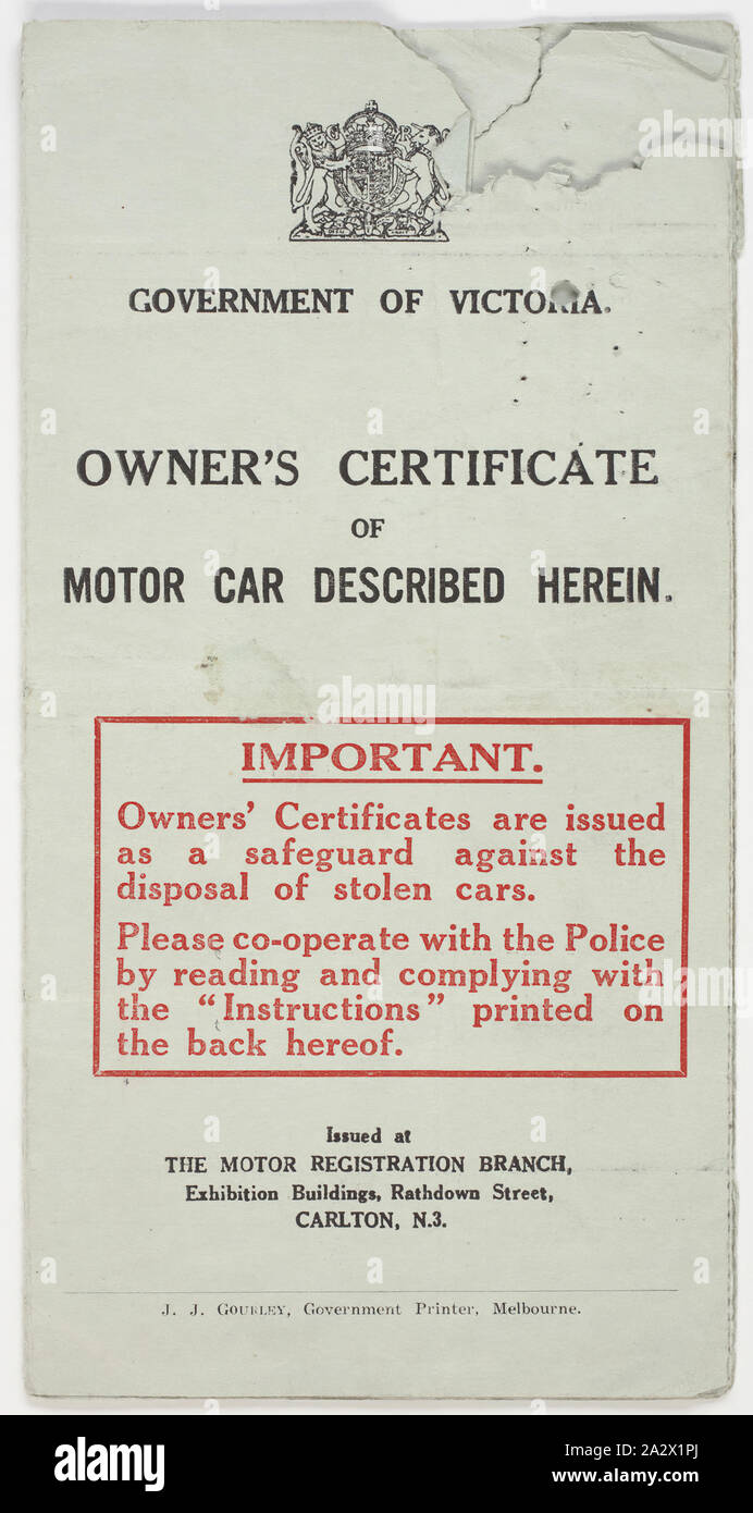 Owner's Certificate - Motor Car, Issued by Government of Victoria, 1947, Owner's Certificate for a Motor Car used by Gyula Toth, and first issued by the Government of Victoria in 1947. In 1957 Julius came to Australia after he escaped the Russian invasion of Hungary. Leaving his family in Hungary, he survived a dangerous journey alone to escape across the border to Austria. He was only able to bring a few possessions with him including his moulding tools, cigarette Stock Photo