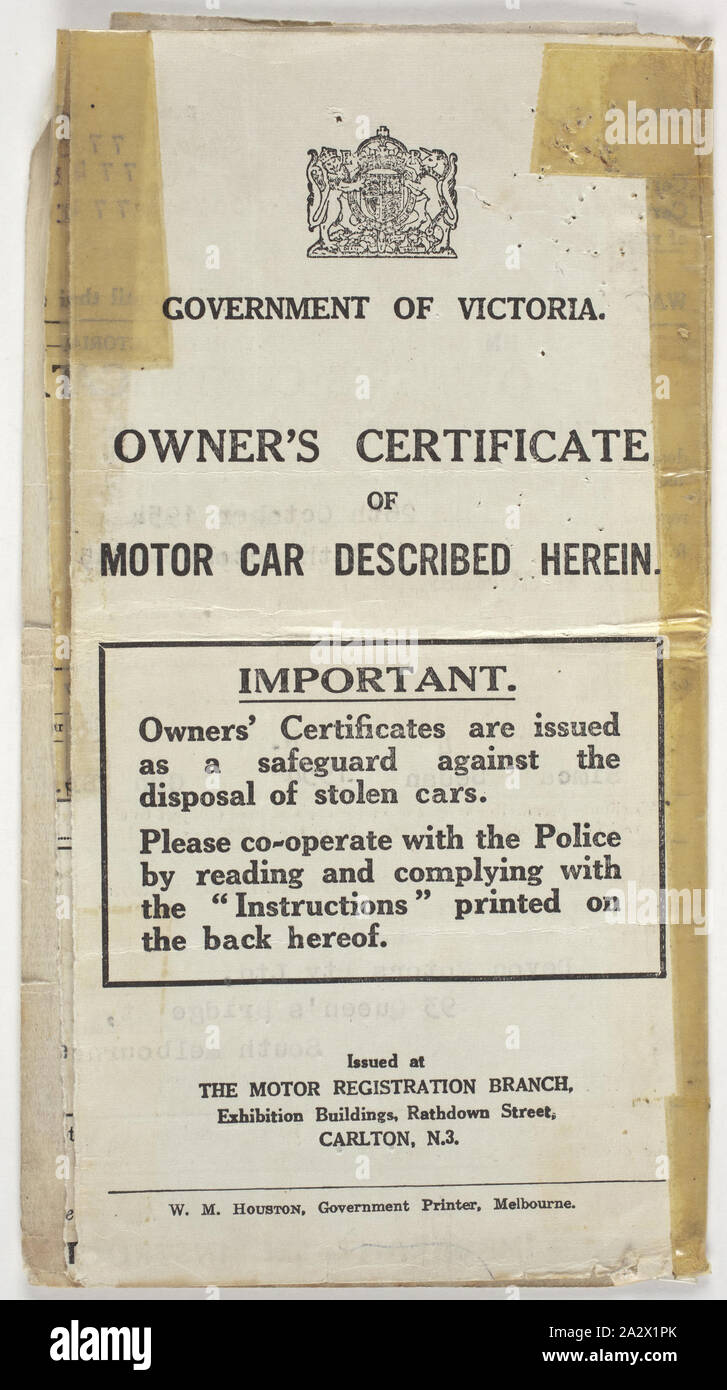 Owner's Certificate - Motor Car, Government of Victoria, 1954, Owner's Certificate of Motor Car issued by the Government of Victoria in 1954. The certificate is for a green Simca sedan, which was originally transferred from Devon Motors Pty Ltd South Melbourne. The certificate includes a history of ownership transfers from 1954 to 1959 when it was transferred to Bretislav Lukes. Born 12 January 1922 in Stankou in Czechoslovakia, Bretislav claims to have Stock Photo