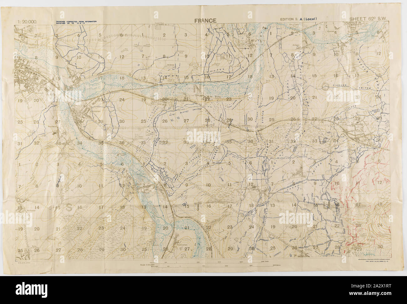 Map - Military, Trench, France, Sheet 62D SW, Scale 1:20,000, Edition 3A, World War I, 18 Jun 1918, One of two copies of a military trench map, France, sheet 62 D. S. W., edition 3.A., (local) scale 1:20,000. Trenches corrected from information received up to 15 June 1918. Field Survey Co., R. E. (3808), dated 18 June 1918. The map depicts the Somme River area to the east and south-east of Amiens, including Villers Bretonneux. Used by Capt. M. Lewis during World War I. Captain Morris Lewis Stock Photo