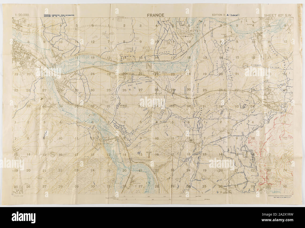 Map - Military, Trench, France, Sheet 62D SW, Scale 1:20,000, Edition 3A, World War I, 18 Jun 1918, One of two copies of a military trench map, France, sheet 62 D. S. W., edition 3.A., (local) scale 1:20,000. Trenches corrected from information received up to 15 June 1918. Field Survey Co., R. E. (3808), dated 18 June 1918. The map depicts the Somme River area to the east and south-east of Amiens, including Villers-Bretonneux. Used by Capt. M. Lewis during World War I. Captain Morris Lewis Stock Photo