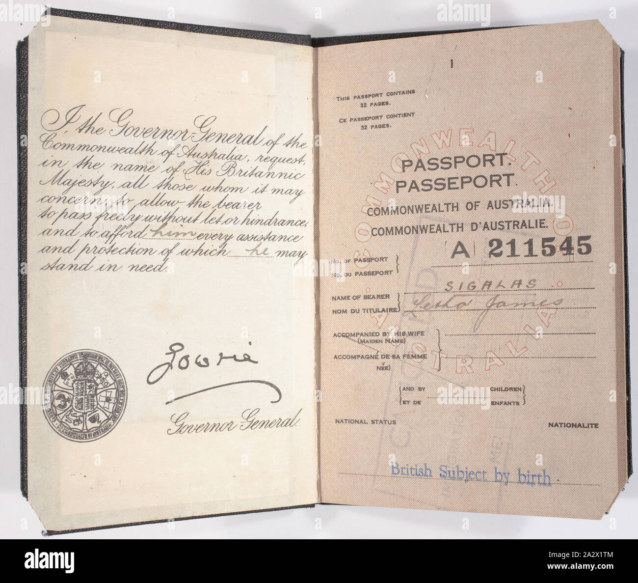 Passport - Issued to Mr Letho Sigalas, by Commonwealth of Australia, 1939, British passport, Commonwealth of Australia passport, for Mr Letho Sigalas, issued in 1939. It refers to him being British subject by birth. Letho was the son of James Sigalas, a Greek migrant who settled in Australia in 1901 and opened the Anglo-American café in 1906, and the Centenary café, in the mid 1930s, both in Bourke Street. Letho worked in his father's cafés and in 1920 Stock Photo