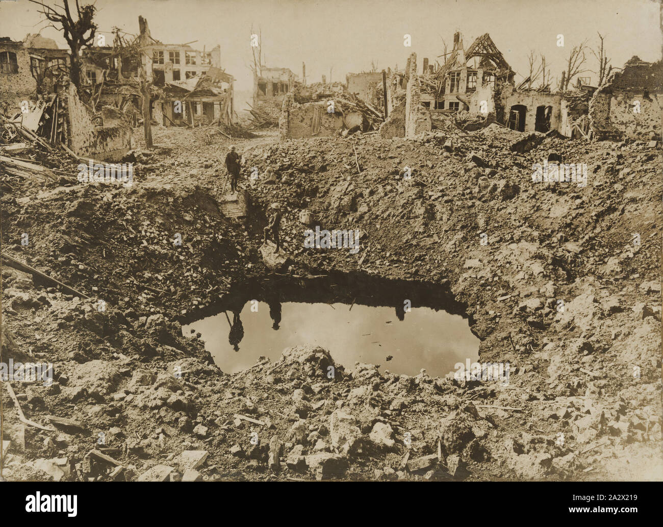 Photograph - 'A Big Crater', Ypres, Belgium, World War I, 25 Sep 1917, Photograph of a bomb crater in the middle of the town in the aftermath of the battle of Ypres, Belgium. The Battle of Menin Road occured 20-25 September 1917. It was part of the so-called 'Third Battle of Ypres' on the Western Front Stock Photo