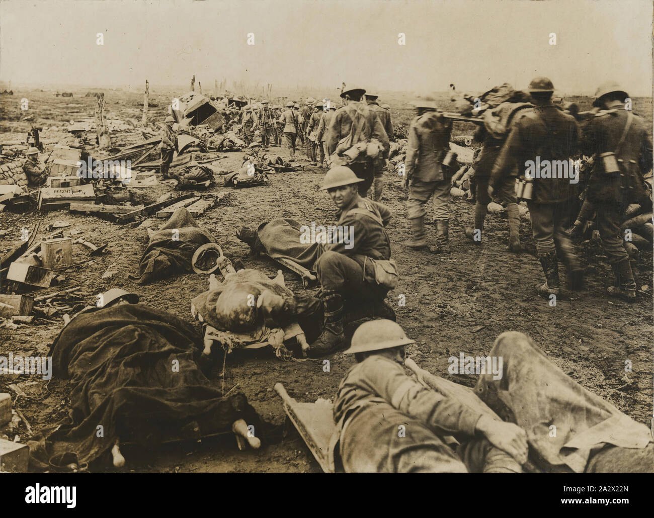 Photograph - 'After the Battle, Wounded Awaiting Ambulance Transport', World War I, Ypres, Belgium, 25 Sep 1917, Photograph of wounded soldiers awaiting transport in the aftermath of the battle of Ypres, Belgium, 25 September 1917. The Australian War Memorial holds the same photograph: E00713 and P09114.022. The Battle of Menin Road occured 20-25 September 1917. It was part of the so-called 'Third Battle of Ypres' on the Western Front Stock Photo