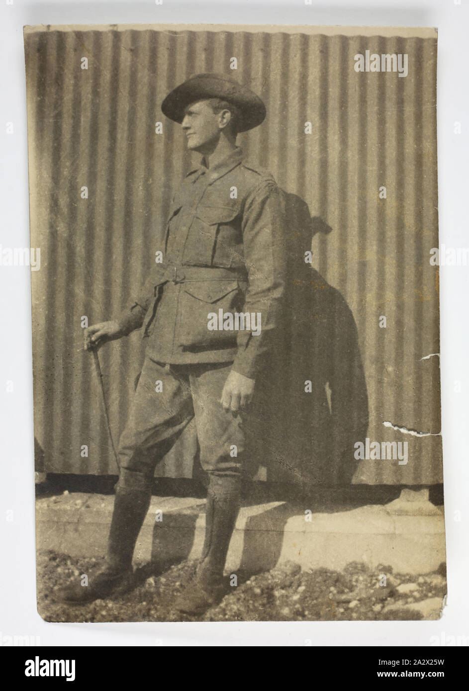 Photograph - Artilleryman, Australian Imperial Force, 1914-1918, Photograph of soldier of 1st AIF posing in front of corrugated iron wall. Hand-written on back: 'You can see by this photo that I am well named Long 'Un'. The same soldier is depicted in ST 035057. The identity of this 'Long 'Un' is unknown, although in ST 035057 he wears the uniform of the Australian Light Horse. The nickname was used by others in World War I - for instance, a 2Lt named F.A Stock Photo