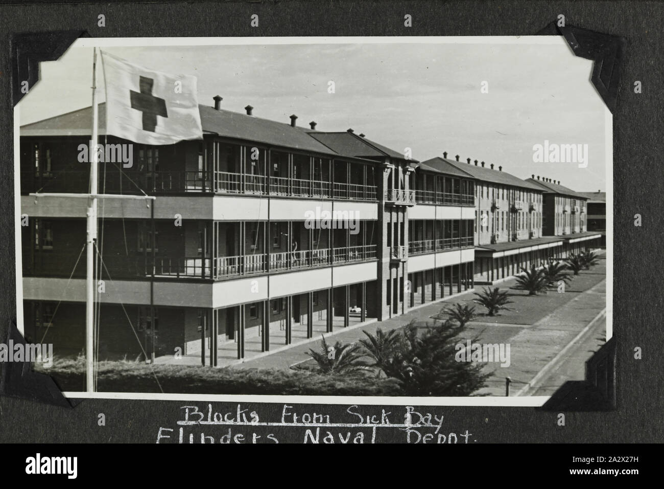 Photograph - 'Blocks from Sick Bay', Flinders Naval Depot, Victoria, 1937-1939, Black and white photograph of the Blocks from the Sick Bay at H.M.A.S Cerberus (Flinders Naval Depot). One of 48 photographs in a photographic album. Taken by D.R.Goodwin, Royal Australian Navy (R.A.N.) 1937-1939. The images are of H.M.A.S Cerberus and other naval ships, naval training and field gun crews Stock Photo