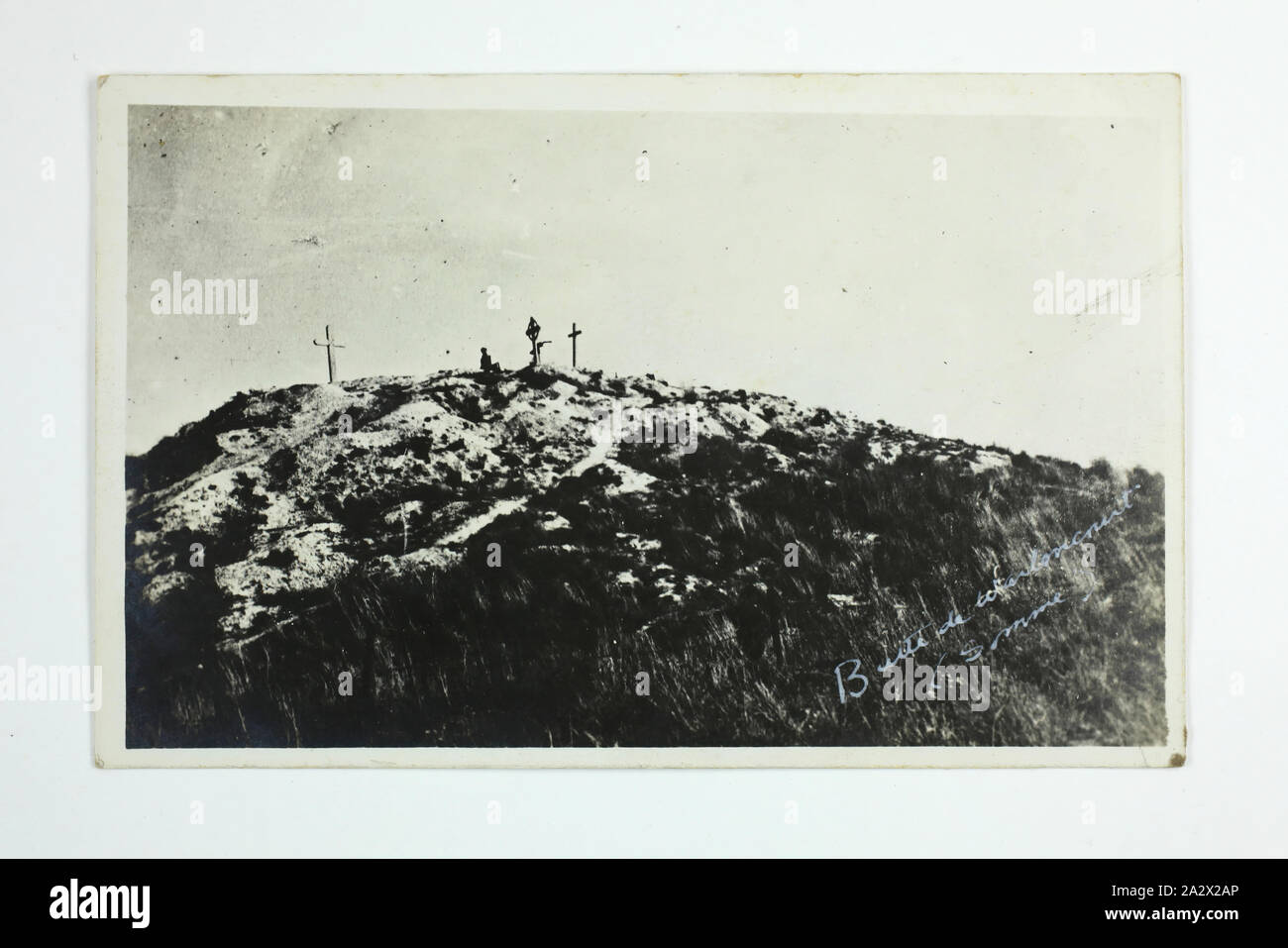 Photograph - 'Butte de Warlencourt', Somme, France, World War I, Jul-Aug 1916, Crosses marking World War I graves in the ancient burial mound of Butte de Warlencourt, off the Albert-Bapaume road in the Somme region of northern France. One of 98 black and white photographs contained in a post card album depicting World War I scenes. The images are souvenir post cards of naval and other military forces, prisoner of war camps and various location scenes around Europe Stock Photo