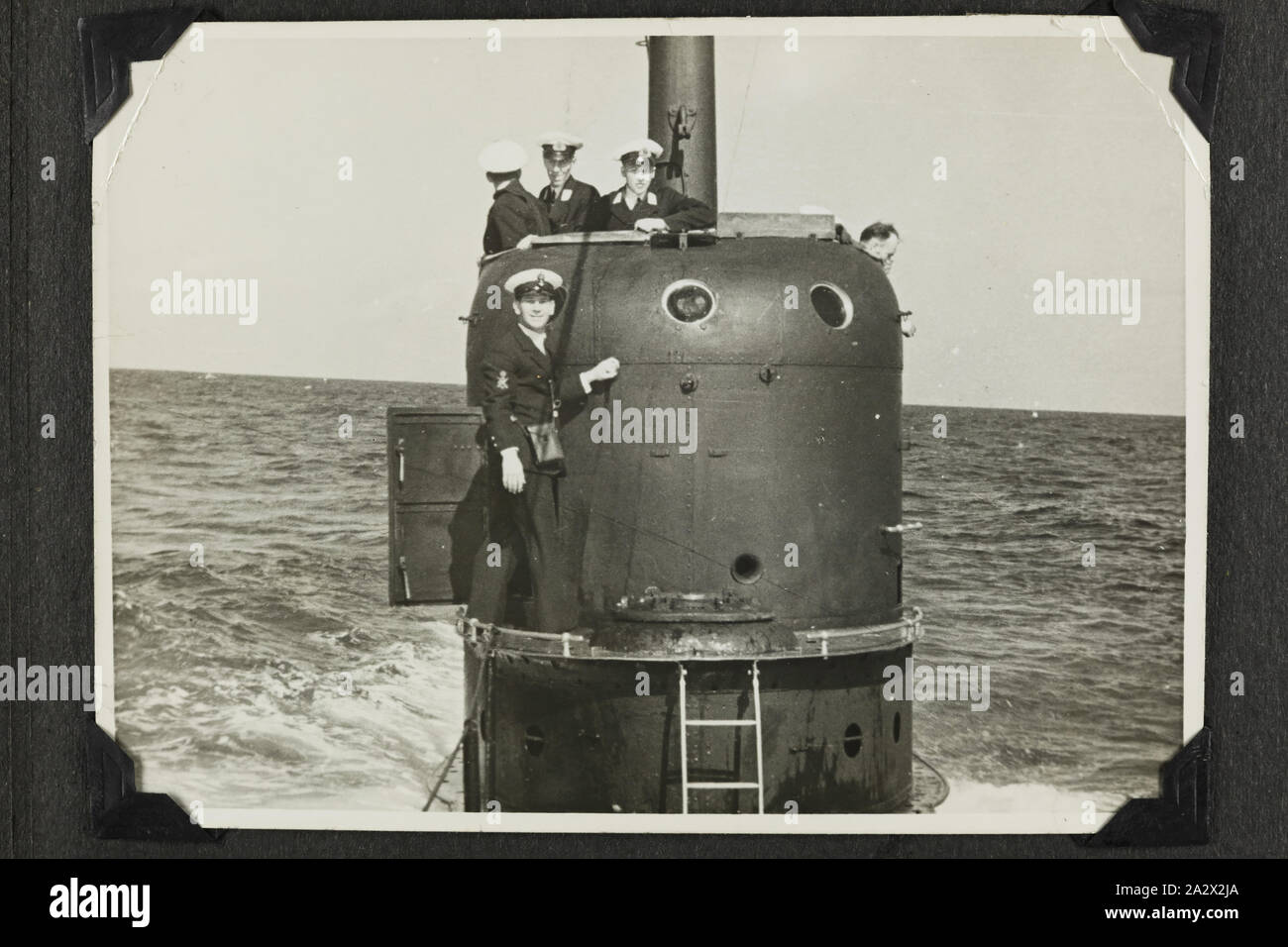 Photograph - 'Conning Tower of a Submarine', 1937-1939, Black and white photograph of the conning tower of a submarine. One of 48 photographs in a photographic album. Taken by D.R. Goodwin, Royal Australian Navy (R.A.N.) 1937-1939. The images are of H.M.A.S Cerberus and other naval ships, naval training and field gun crews Stock Photo