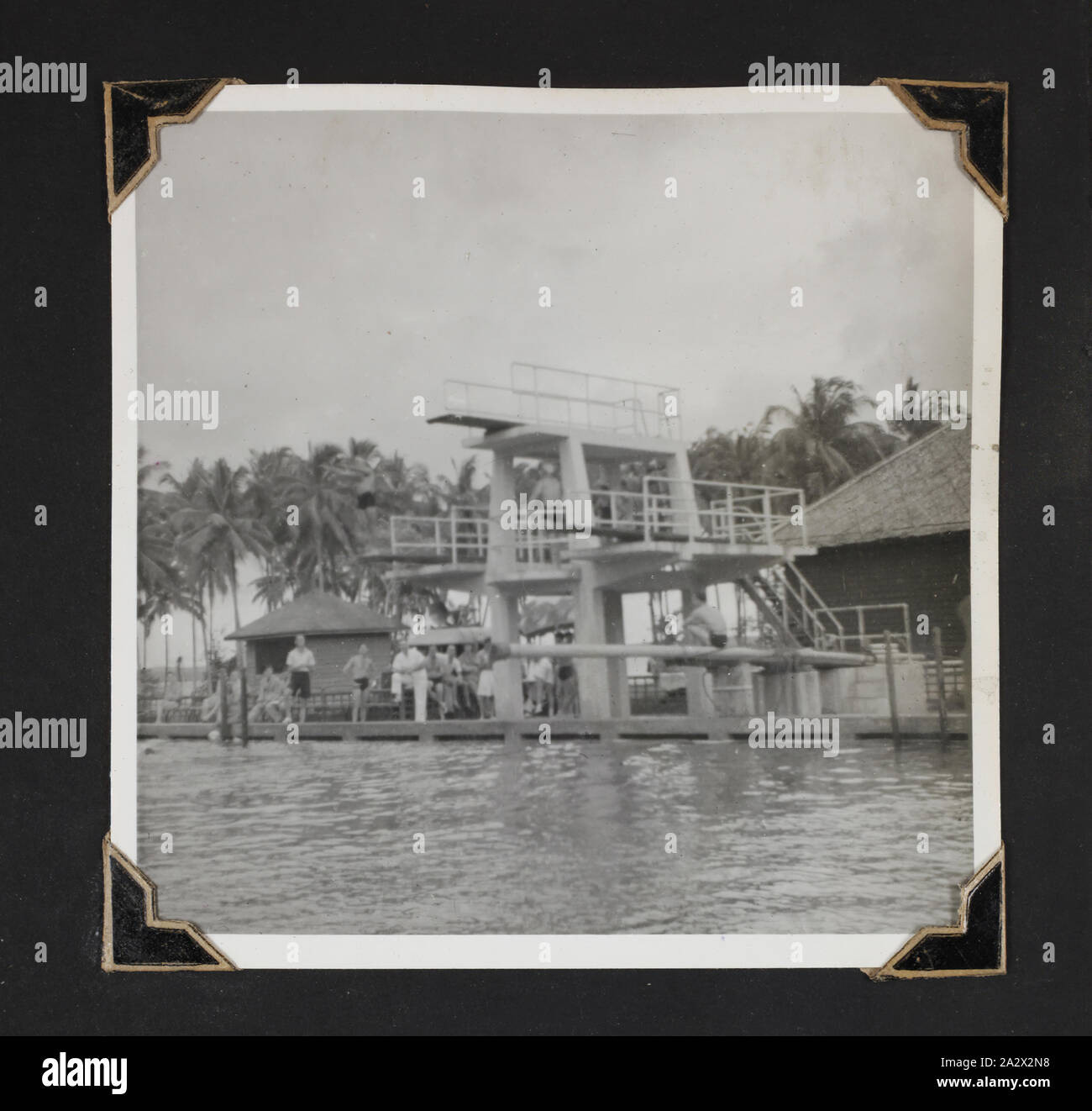 Photograph - 'Diving Platform Seletar', Singapore, 1941, Black and white photograph of the diving platform at the RAF base in Seletar, Singapore. One of 116 photographs in a photographic album held by Pilot Officer Colin Keon-Cohen. These are very good images of life in Singapore with 205 Sqn RAF, then 77 Sqn RAAF, World War II era Stock Photo