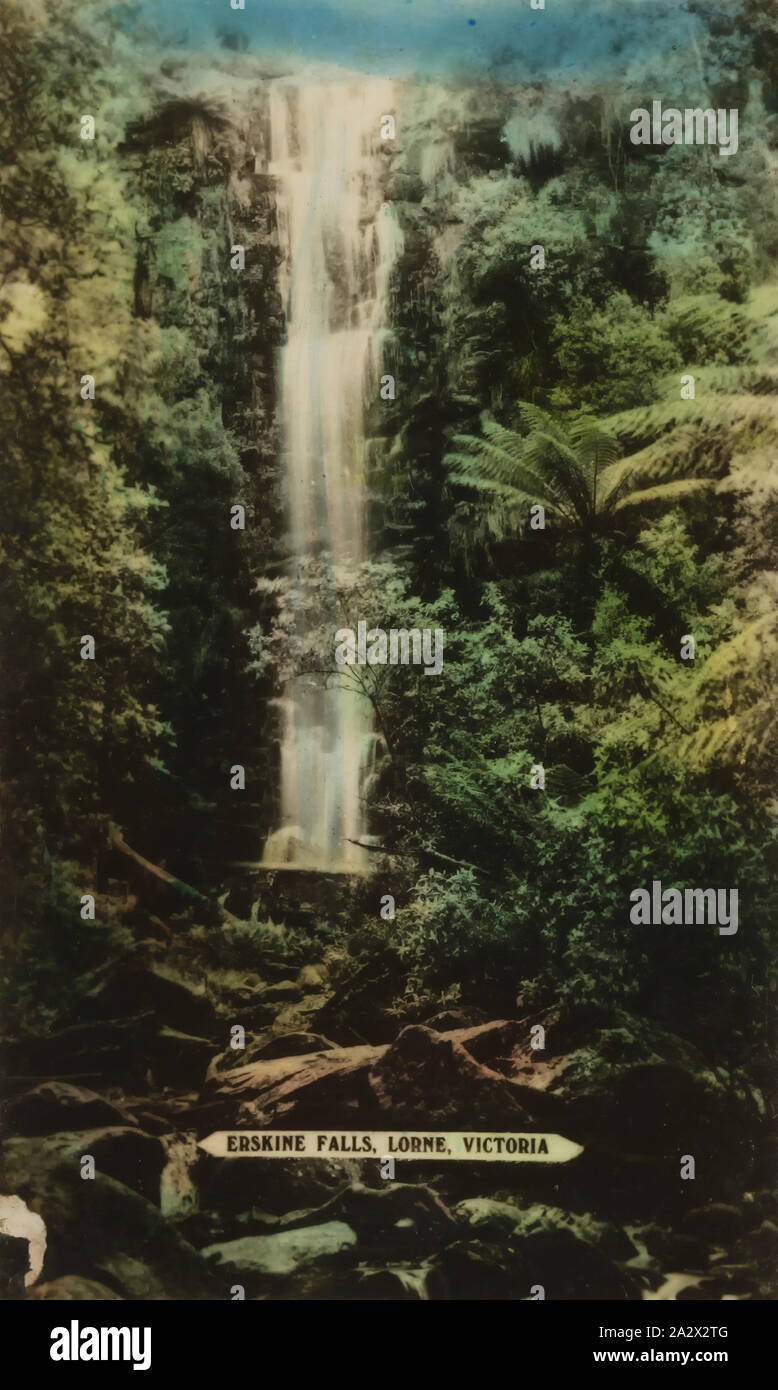 Photograph - Erskine Falls, Lorne District, Victoria, 1930s, Hand coloured image of Erskine Falls near Lorne, Victoria. in December 1899 and began a strong association with Lorne that was to last for 50 years Stock Photo