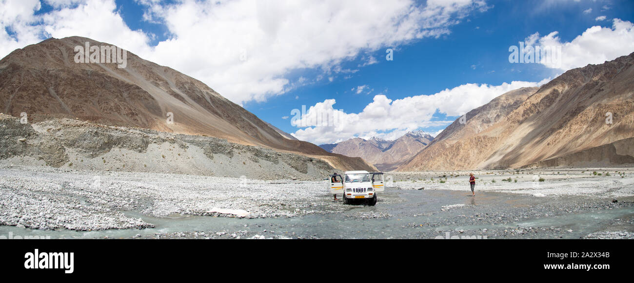 jeep with tourists in Nubra Valley in Ladakh, in northern India Stock Photo