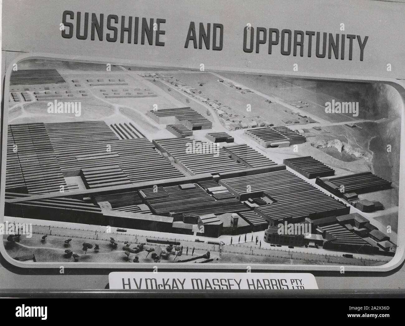 Photograph - H.V.McKay Massey Harris, Photograph of Factory Model, Sunshine, Victoria, circa 1955, Photograph of scale model of H.V.McKay Massey Harris factory at Sunshine. part of a collection of photographs, negatives, moving film, artefacts, documents and trade literature belonging to the H. V. McKay Sunshine Collection. The McKay collection is regarded as one of the most significant industrial heritage collections in Australia. the agricultural Stock Photo