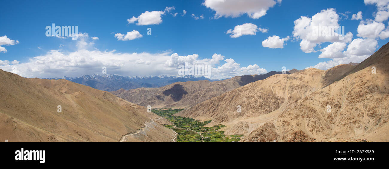 panoramic view of Indus valley in the Himalayas in Ladakh in northern India Stock Photo