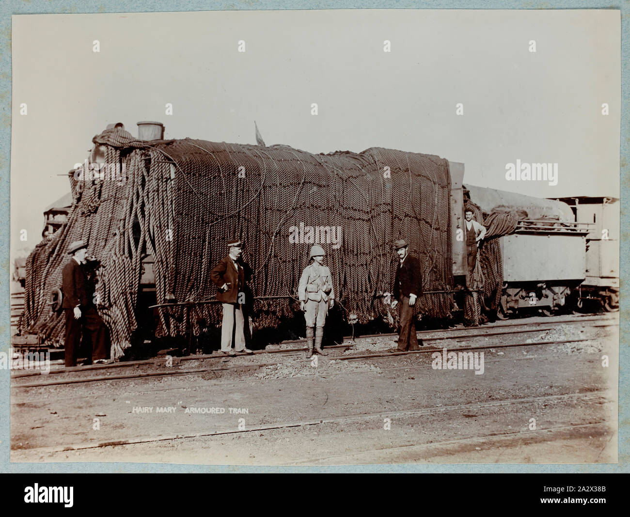 Photograph - 'Hairy Mary Armoured Train', South Africa, circa 1902, One of 74 black and white photographs contained within a hard-covered photograph album. Inscribed on front page of the album 'M.G.A. Warner'. Belonged to Sister Mabel Ashton Warner, who served in Queen Alexandra's Royal Nursing Service. Photographs are glued into album, and are generally very faded. Some appear commercially-produced; others are rough and amateurish Stock Photo