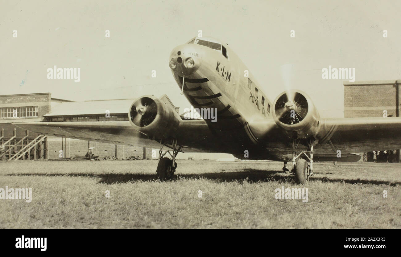 Photograph - K.L.M. Royal Dutch Airlines, DC-2 Aeroplane, Victoria, Oct 1934, Part of a large photographic collection of glass plate and film negatives, photographic prints and photo albums, relating to the development of the electric power supply industry in Victoria, operated by the State Electricity Commission of Victoria (SECV) from 1919 to 1993 and various predecessor private and municipal power supply enterprises dating back to the late 1880s Stock Photo