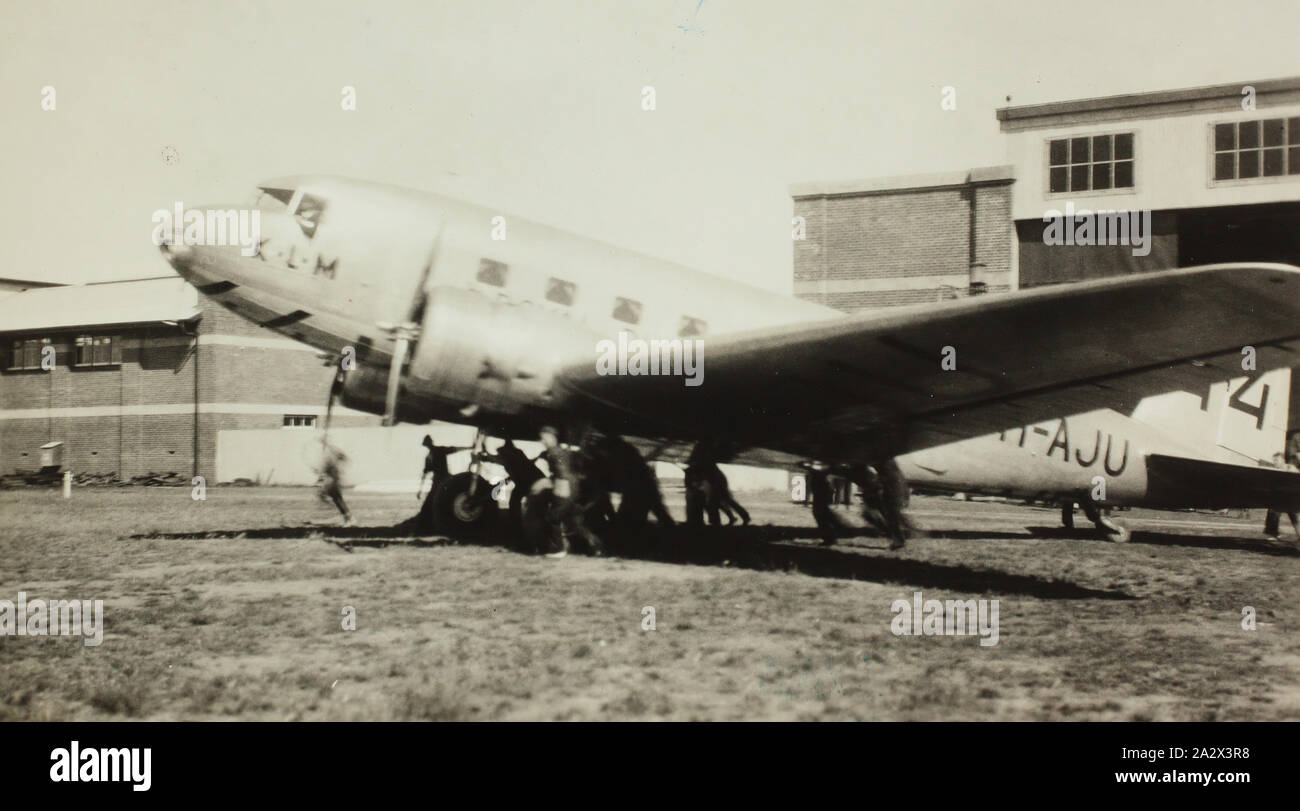 Photograph - K.L.M. Royal Dutch Airlines, DC-2 Aeroplane, Laverton, Victoria, 1934, Black and white photograph which is part of a large photographic collection of glass plate and film negatives, photographic prints and photo albums, relating to the development of the electric power supply industry in Victoria, operated by the State Electricity Commission of Victoria (SECV) from 1919 to 1993 and various predecessor private and municipal power supply enterprises dating back to Stock Photo