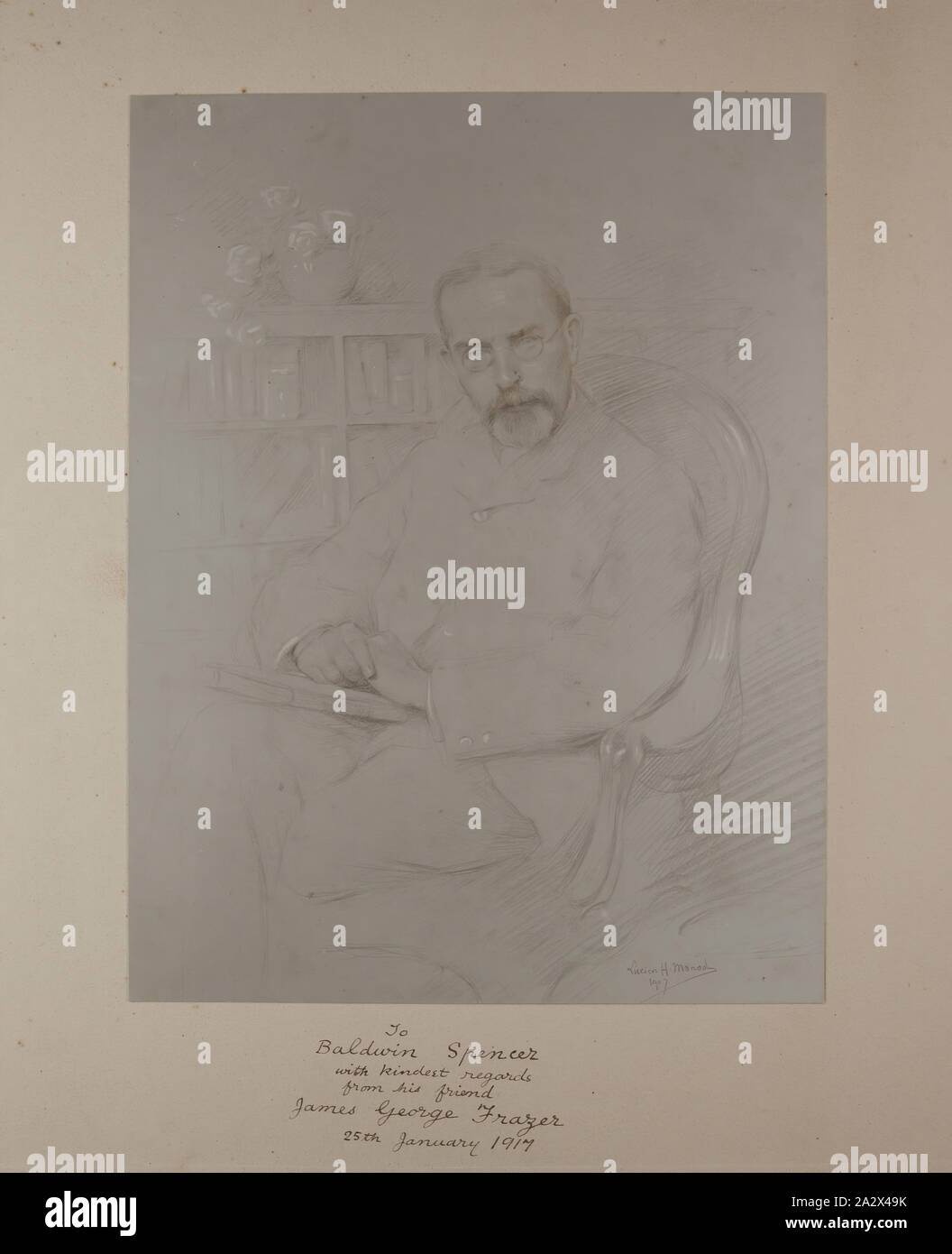 Photograph - James George Frazer Sketch by Lucien H. Monod, circa 1910, Photograph of a pencil and chalk sketch of James George Frazer by French artist Lucien Hector Monod created in 1907. James Frazer engaged the photographer Paul Laib in South Kensington who specialised in fine art photography to reproduce the artwork for Frazer to distribute amongst his influential friends including Baldwin Spencer Stock Photo