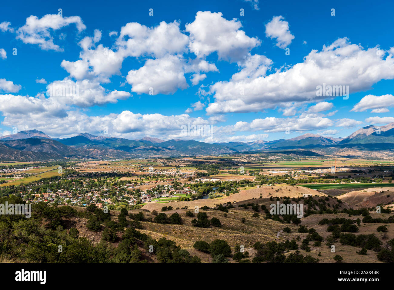 Panaroma view of Sawatch Range, Rocky Mountains, the Arkansas River Valley and historic Salida, Colorado, USA Stock Photo