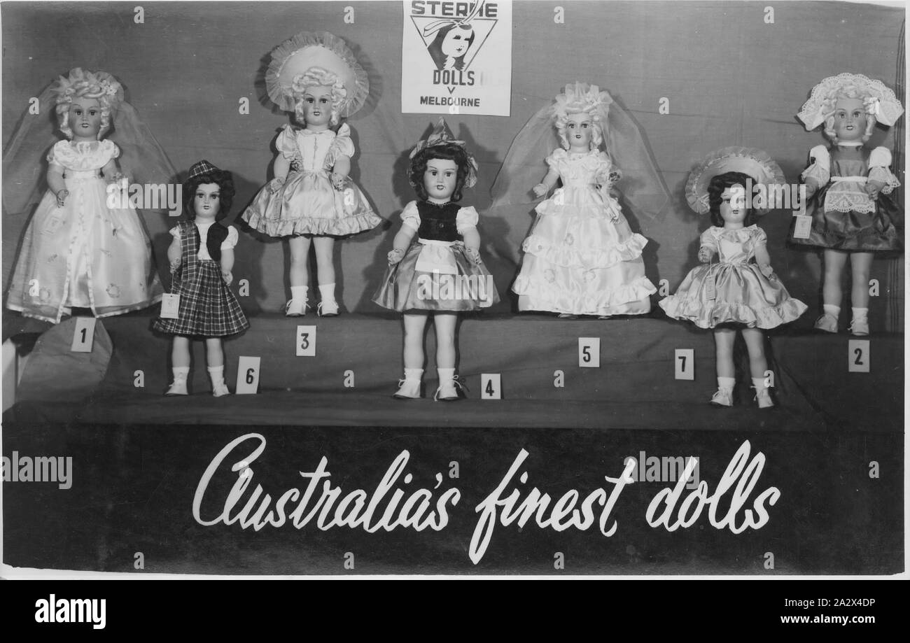 Photograph - L. J. Sterne Doll Co., 'Australia's Finest Dolls', Melbourne, circa 1950, Black and white photograph depicting seven female dolls on display. This photograph relates to products and promotions of the L.J. Sterne Doll Company (1939-1971), a Melbourne doll and toy manufacturer founded by Austrian migrants Leo and Hilda Sterne Stock Photo