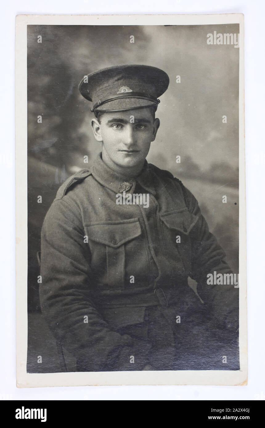 Photograph - Private Ernie Briggs, C Company, 27th Battalion, Wiltshire, England, World War I, 1914-1918, Photograph of Private Ernest 'Ernie' Briggs, C Company, 27 Battalion, 10 Infantry Brigade, A.I.F. Taken at Bulford Camp on Salisbury Plain, during World War I. The photo is endorsed 'on active service', and was probably sent from France. Briggs enlisted as a 20 year old farmer from Yackandandah, Victoria, on 1 March 1916. He was killed in action in Belgium on 4 October 1917 Stock Photo