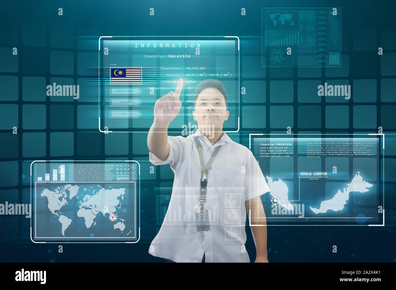Student studying about Malaysia. Student wearing school uniform using hologram screen to study and research about Malaysia. Stock Photo