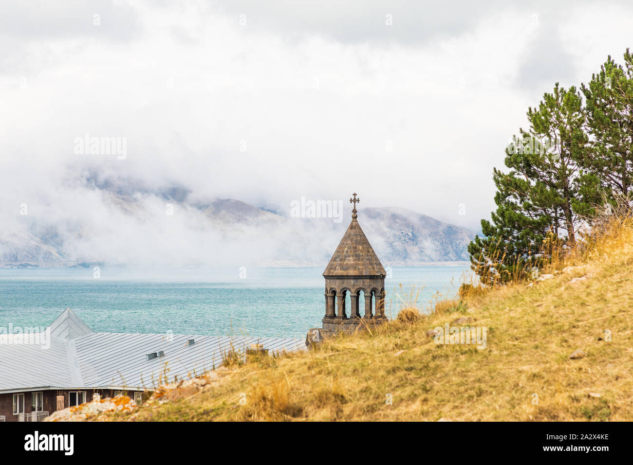 Western Asia, Eurasia, South Caucasus, Republic of Armenia. Sevan. View across Lake Sevan from the Sevanavank Monastery complex. Stock Photo